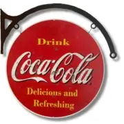 COCA COLA COKE ROUND METAL SIGN DOUBLE SIDED HANGER HEAVY DUTY