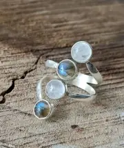 Boho Moonstone & Labradorite Ring 925 Sterling Silver Bluestone Gemstone Jewelry