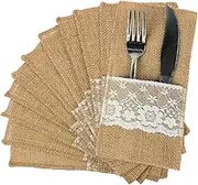 FQTANJU 50 PCS 4"x8" Burlap Lace Utensil Cutlery Holders Pouch Silverware Holder Knifes Forks Bags Burlap Napkin Bag for Rustic Wedding Party Decorations favors