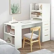 Computer Desk Study Table with 4 Shelves and 3 Drawers Workstation Corner Desk with Bookcase Shelf Home Office Furniture 120cm