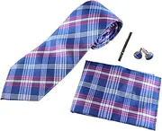 [Zasel] Mens Blue & Pink Checkered Matching Neck Tie, Pocket Square, Cuff Links And Tie Clip Set Blue, White, Watermelon Pink