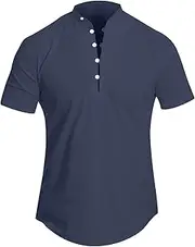 [Generic] Shirt Summer Stand Collar Short Sleeve Casual Loose Shirt Top Peach Men Shirt