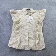 Theory Top Womens Small Nova Collared Eyelet Ruffle Button Front Top Ecru