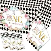 Wonderland Birthday Tablecloth,Tea Birthday Decoration 3pcs Black and White Checkered Onderland Baby Shower Table Covers,Waterproof Plastic Wonderland 1st Birthday Tablecloth for Girls Tea Party