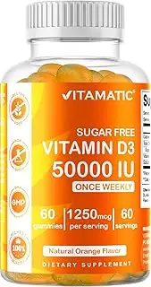Vitamatic Sugar Free Vitamin D3 50,000 IU Weekly Supplement - 60 Pectin Based Gummies - Vitamin D Capsules for Bones, Teeth, and Immune Support