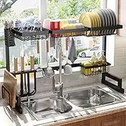Over The Sink Dish Drying Rack, ManKami Adjustable (33.8" to 41.5") 2 Tier Stainless Steel Large Capacity Dish Drainer for Kitchen Counter Space Saving Storage Organizer
