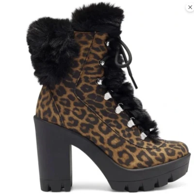 Jessica Simpson Mikah Leopard Pull-on Hiker Block Heel Lace up Combat Boot 8.5
