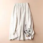 Women Floral Embroidered Cotton Linen Skirt for Summer A Line Midi Dress