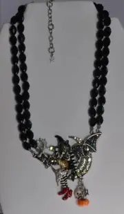 KIRKS FOLLY HALLOWEEN WITCHCRAFT BLACK BEADED NECKLACE IN SILVER TONE