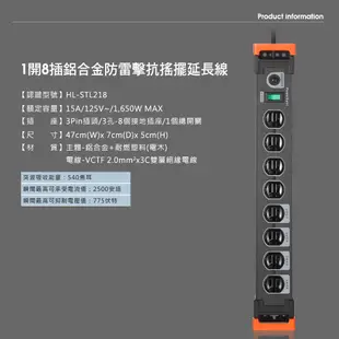 PowerSync群加 1開8插/9開8插鋁合金防雷擊抗搖擺延長線1.8M/2色