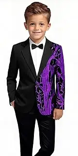[Pyiujtr] Boys 4-Piece Tree and Wave Sequins Shiny Suit Jacket Shirt Bow Tie Pants Set for Performance Stage 6-16Y