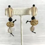 Teresa Goodall Earrings Vintage Clip On Drop Clear Gold Beads Black Cord