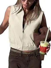 [BONVEN] Womens Sleeveless Cropped Cargo Vest Tops Summer Western Travel Vest Zip up Jacket Y2k Tops Going Out Outfits