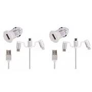2x Laser 2.4A USB Car Charger w/ 3in1 Charging Cable 50cm For iPhone/Samsung WHT