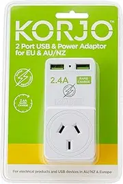 Korjo EU USB Power Adaptor, 2X USB Sockets, 1x AUS/NZ Socket, for Europe