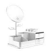TOOLKISS White LED Vanity Mirror with Storage – Rotating Makeup Mirror & USB Rechargeable Desktop Organizer – Bright Adjustable Illumination for Perfect Beauty Routine