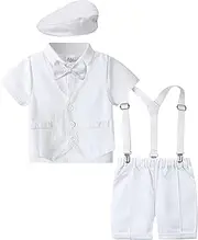 [A&J DESIGN] Baby Boys Outfits Set, 4pcs Gentleman Suit Shirt & Shorts & Vest & Hat (18 Months-3 Years)