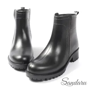 山打努SANDARU-雨靴 仿立體車線防水低跟短靴-黑