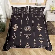 Feelyou Western Aztec Bedding Set Full Size Kids Southwestern Geometric Vintage Comforter Cover Bohemia Boho Bull Skull Abstract Tribal Black Brown Duvet Cover Soft Room Decor 3Pcs,No Comforter