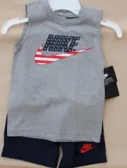 Nike NWT Boy Size 4 Sleeveless Tee Shirt Top Shorts Set Swoosh Gray& Blue