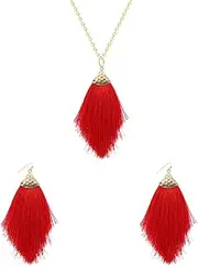 [XolngYYeng] Bohemian Silky Thread Fan Fringe Tassel Statement Earrings Lightweight Strand Feather Shape Dangles Earring Necklace Set for Women Girls