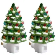 Green Snow-Capped Ceramic Tree Night Light, Set of 2