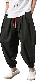 [Realdo] Men Baggy Hippie Boho Yoga Harem Pants Cotton Linen Loose Stretchy Waist Casual Pockets Ankle Length Pants
