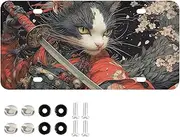 ZRYSMY License Plate Warriors Samurai White Cat Aluminum Decorative Car Front Metal Car Plate License Plate Vanity Tag License Plate for Men/Women 6” × 12”