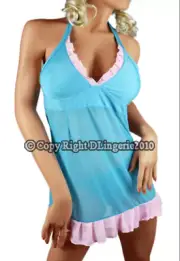 Sexy Woman Blue Sheer Pink Trim Halter Neck Chemise Lingerie G-string Very soft