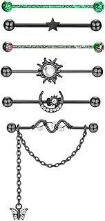 [Niaspi] 6Pcs 14G Surgical Steel Industrial Barbell Earrings for Women Men 38mm Star Sun Moon Butterfly Industrial Bar Helix Cartilage Earrings Body Piercing Jewelry, Stainless Steel, Cubic Zirconia