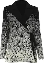 [Zadaos] Women's Patchwork Lace Up Blazers Notched Collar Long Sleeve Slim Suit Jackets Black L(0810)