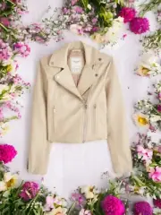 Abercrombie & Fitch Beige Vegan Leather Moto Jacket Cropped Zipped Cuffs Small
