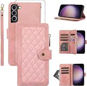 [Asuwish] Mobile Phone Case for Samsung Galaxy S23 5G Case with Screen Protector Card Slot Foldable Leather Wallet Stand S 23 23S S23 Case Zip Cover Mobile Phone Cases Protective Phone Case Pink