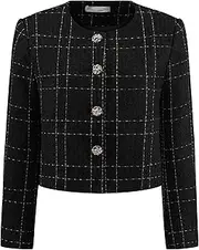 [Hobemty] Women's Plaid Blazer Collarless Button Front Crop Tweed Jacket