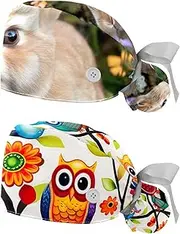 [YTYVAGT] 2-Pc,Nurse Scrub Caps,Scrub Hats with Buttons and Cotton Sweatband,Bunny Rabbit Flowers Daisy