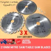 3PC TCT Drop Saw/Compound Mitre Saw Blade 210mm 24T,48T,60T Bore 30/25.4/16/10
