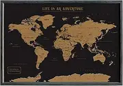 Splosh Travel Map - XL Desk World Map Pin Board in Black, Wooden Frame. World Map Cork Board with 100 Pins in 2 Colours to Mark Your Past and Future Adventures Framed World Maps for Desks.