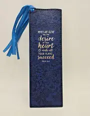 Christian Art Gifts BLUE Faux Leather Bookmark DESIRE OF YOUR HEART (Psalm 20:4)