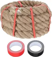 sourcing map Jute Rope 2 Inch x 15ft, Heavy Natural Thick Twisted Rope with 2 Roll Tapes for Crafts Railing Docks Tug of War Swing Nautical Landscaping