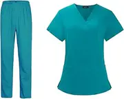 [APLVFFZH] Fashionable V Neck Scrub Top And Pants Set for Nurses, Solid Color, Blue XXL
