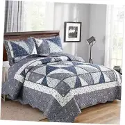 Patchwork Quilt Set Quilted Bedspread Coverlet Set 3-Piece King Size Grey