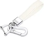 QBUC Genuine Leather Car Keychain,Universal Heavy Duty Metal Key Chain Accessories,Car Fob Key Keychain Holder with 360 Degree Rotatable Snap Swivel and Anti-Lost D-Ring for Men Women(White)