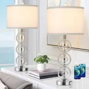 Set of 2 Modern Silver Table Lamps with 2 USB Charging Ports, 27“ Tall Crystal B