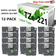 12-Pack TZe221 Label Tape TZe-221 TZ221 (3/8") for PTD600 P-Touch Label Makers