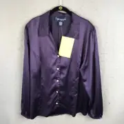 Susan Graver Top Womens XL Purple Satin Sparkle Buttons Liquid Office NEW