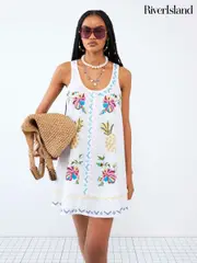 River Island White 100% Cotton Embroidered Shift Dress (F71951) | $136