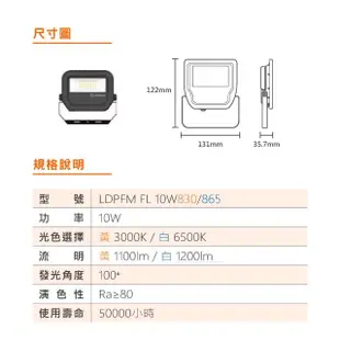 【Osram 歐司朗】LED 10W 全電壓 投光燈 附防水接線盒 白光 黃光 1入組(LED 10W IP65 投射燈)