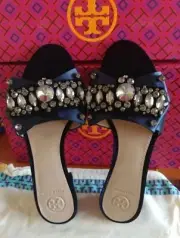 Tory Burch Navy Blue Satin Slide Sandal With Gorgeous Jewel Encrusted Bows 10.5