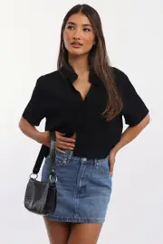 Black Relaxed Shirt Short Sleeve Collared Cupro Blend - Size 16XL, Women's Shirt