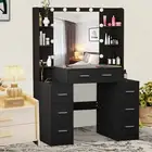 Black Modern Dressing Table Set Makeup LED Mirror Vanity Desk 7 Drawers Set